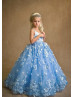 Blue Beaded Lace Tulle Blossom Flower Girl Dress